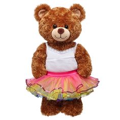 a brown teddy bear wearing a pink and yellow skirt