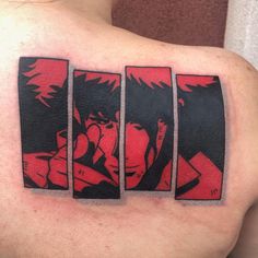 the back of a man's shoulder with three panels of anime characters on it