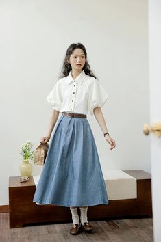 Add a touch of vintage and retro vibe to your outfit. This midi length denim skirt has a button and zip up front, pleats, side pockets, belt loops and elastic back. 24"-34" waist, 30" length Light Denim Skirt Outfit, Pleated Midi Skirt Outfit, Denim Pleated Skirt, Inspiration Designs, American Couple, Pleated Skirt Outfit, Pleated Denim, Midi Skirt Outfit, Midi Denim