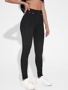 Women’s High Waisted Zip Up Black Skinny Jeans – Lady Luana Fashion & Accessories Trendy High Stretch Solid Color Jeans, Trendy High Stretch Jeans, Trendy Slim Fit Bottoms For Streetwear, Fitted High Rise Streetwear Bottoms, Fitted High Waist Solid Color Jeans, Sleek Stretch High Waist Jeans, High Rise Slim Fit Bottoms For Streetwear, Streetwear High Rise Slim Fit Bottoms, High Rise Slim Fit Jeans For Streetwear