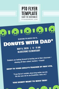 a flyer for an event with the words, donuts with dad and blue background