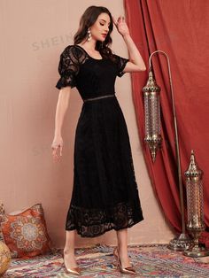 This chic and elegant dress features flounce sleeves, a feminine ruffle hem, and delicate lace details. Perfect for any occasion, this dress exudes sophistication and grace. The flounce sleeves add a touch of whimsy and the ruffle hem adds an eye-catching element. Color : Black Style : Elegant Details : Ruffle Hem, Eyelet Embroidery Type : A Line Pattern Type : Plain Sleeve Length : Short Sleeve Neckline : Scoop Neck Sleeve Type : Flounce Sleeve Hem Shaped : Flared Length : Long Fit Type : Regular Fit Fabric : Slight Stretch Material : Fabric Composition : 90% Polyamide, 10% Elastane Care Instructions : Hand wash,do not dry clean Body : Lined Sheer : Semi-Sheer Lining : 89% Polyester, 11% Elastane Size US Bicep Length Bust Cuff Hip Size Length Shoulder Sleeve Length Waist Size XS 2 16.9 34 Elegant Dresses With Ruffle Hem And Flutter Sleeves, Elegant Midi Dress With Flutter Sleeves And Ruffle Hem, Formal Fit And Flare Lace Dress With Lace Trim, Elegant Lace Dress With Flutter Sleeves, Fit And Flare Midi Dress With Lace Trim, Summer Lace Dress With Lace Cuffs For Party, Lace Dress With Lace Cuffs For Summer Party, Summer Party Lace Dress With Lace Cuffs, Elegant Ruffled Sleeve Midi Dress