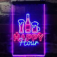 a neon sign that says happy hour on the side of a brick wall in front of a brick wall