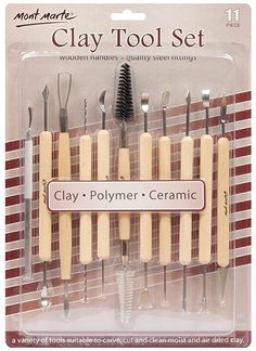 12 piece clay tool set with wooden handles and metal tips in packaging for sale on the internet