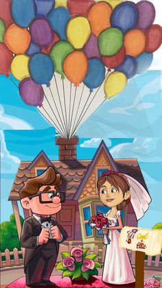 a cartoon bride and groom standing in front of a house with balloons flying above them