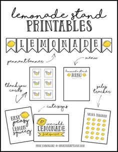 the lemonade stand printables are shown in black and white with yellow accents