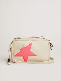 Off-white Star Bag in hammered leather, fuchsia Golden Goose star with iridescent glitter | Golden Goose Golden Goose Bag, Star Bag, Golden Family, Golden Goose Deluxe Brand, Pink Stars, Golden Goose, White Bag, Pink Bag, Cow Leather