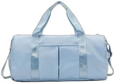 Light Blue Rectangular Travel Bag, Blue Bags With Pockets For Trip, Blue Rectangular Gym Bag For Overnight Trips, Blue Rectangular Travel Bag With Pockets, Blue Rectangular Bag For Overnight Trips, Blue Large Capacity Duffle Bag For Trips, Large Capacity Blue Duffle Bag For Trips, Blue Duffle Bag With Large Capacity For Trips, Blue Rectangular Weekender Bag For Trips