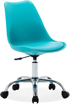 a blue office chair with wheels and casteors