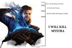 an image of a man holding a book with the words i will kill mystraa on it