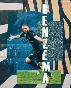 a man in black shirt and green shoes on a soccer field with the words benzem above him