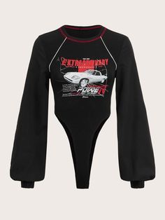 Shein Bodysuit, Car Letter, Letter Sweatshirt, Embellished Sweatshirts, Shein Icon, Bishop Sleeve, Contrast Piping, Style Noir, Dolce E Gabbana