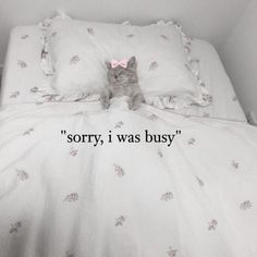 a cat laying on top of a white bed covered in pillows with the caption sorry, i was busy