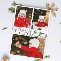 $1.91 | Merry Christmas Elegant Typography 3 Photo Cute #merry christmas, red green calligraphy, 3 family photo, elegant typography, cursive script, modern, simple, chic, beautiful, cute Funny Holiday Photo Cards, Funny Holiday Photos, Green Calligraphy, Cursive Typography, Merry Christmas Card Photo, Cute Postcard, Happy Holidays Photo, Christmas Elegant, Cute Christmas Cards