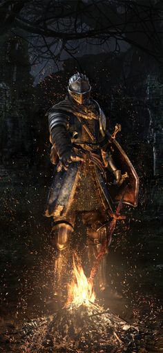 a knight standing in the middle of a forest with fire coming out of his chest