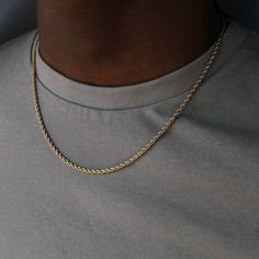 *🌟 3MM option available  Simple Gold Rope twist chain (unisex) Staple Jewelry piece perfect for everyday wear. Can be worn on its own or layered with other chains & necklaces from our shop. -------------------------------------------------------- Lengths Available (inches) 18"  20" 22"  24" Width: 2mm -Model is male, 5'10 & a size S/M (For size reference)  ► Made from the highest quality 316L stainless steel with PVD vacuum coated 18k gold plating. ► Guaranteed to never fade, tarnish or lose it Gold Necklace Men, Chain Men Necklace, Male Necklace, Male Accessories, Hot Necklaces, Chain Necklace For Men, 18k Gold Chain, Gold Rope Chains, Gold Chains For Men