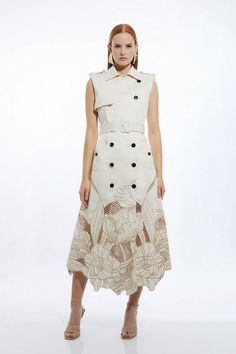 Tailored Cotton Cutwork Embroidered Belted Trench Style Midaxi Dress | Karen Millen Chic Beige Midi Dress With Floral Embroidery, Designer Cotton Spring Dresses, Fall Double-breasted Belted Dress, Designer Cotton Dresses For Spring, Designer Dresses With Floral Embroidery, Summer Fitted Dress With Double-breasted Button, Fitted Summer Dress With Double-breasted Button, Designer Spring Midi Dress For Work, Chic Floral Embroidery Midi Dress For Fall