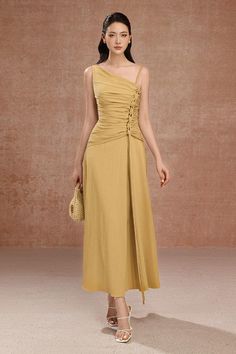 Lila A-line Asymmetric Neck Raw Fabric Ankle Length Dress | MEAN BLVD Tafeta Dress, Raw Fabric, Mean Blvd, Yellow Midi Dress, Ankle Length Dress, Silk Maxi Dress, Vacation Dresses, Social Events, Modest Dresses