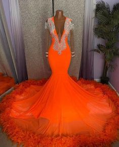 Fitted Orange Gown For Prom, Fitted Orange Gown For Party, Fitted Orange Evening Dress For Prom, Long Sleeve Prom Dress Mermaid, Orange Party Dresses, Prom 23, Orange Mermaid, Feather Prom Dress, Orange Prom Dresses