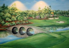 a painting of a golf course and bridge