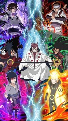 the characters from fairy tail and other anime movies, all in different colors with lightning behind them