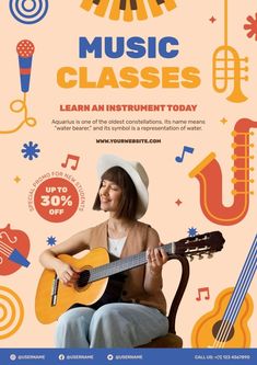 a poster with an image of a woman playing guitar and singing into a microphone, surrounded by musical instruments