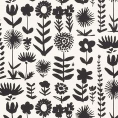 a black and white flower pattern is shown on a white background with many different types of flowers