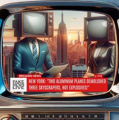 an old tv with two men in suits on it and the caption reads breaking news new york two aluminum planes demolished three skyscrapers, not explosive