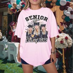 Look stunning at your ceremony with our "Unique Black Design Senior Class of 2025" shirt. Personalize this tee with your photo to make it truly yours. With an elegant and modern design, it's the ideal complement for any graduation celebration. Whether you want to showcase your image or gift it to a loved one, this shirt is the perfect option to mark this important milestone. ITEM OVERVIEW * Comfort Colors 1717 * Classic unisex garment dyed fabric with a relaxed fit * Soft washed making it extra Graduation Party Letter Print Short Sleeve Tops, Graduation Party Tops With Letter Print And Short Sleeves, Custom Print Crew Neck Shirt For Graduation, Short Sleeve Tops With Graphic Print For Graduation Party, Graphic Print Short Sleeve Top For Graduation Party, Graphic Print Crew Neck Top For Graduation Party, Graduation Custom Print Short Sleeve T-shirt, Pre-shrunk Short Sleeve T-shirt For Graduation Party, Graduation Graphic Print Short Sleeve T-shirt