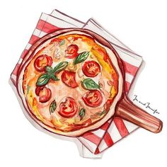 a watercolor drawing of a pizza with tomatoes and basil on top, sitting on napkins