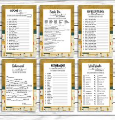 four printable retirement checklists with gold trim