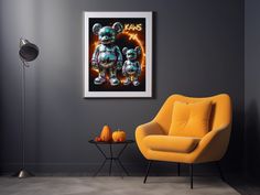 an orange chair sits in front of a gray wall with a painting on the wall