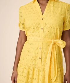 Cotton Eyelet Short Sleeve Augusta Dress Solid Yellow | UNTUCKit Chic Yellow Cotton Dress, Yellow Fitted Chic Shirt Dress, Yellow Feminine Short Sleeve Dress, Feminine Yellow Short Sleeve Dress, Chic Yellow Dresses For Daywear, Weather Party, Eyelet Shorts, Eyelet Fabric, Fun Dress