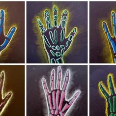 four pictures of different colored hands with chalk pastels on them, all showing the same hand and fingers