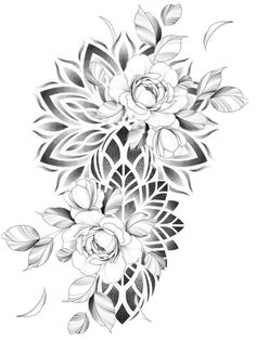 a black and white drawing of flowers with leaves on the bottom half of their arm