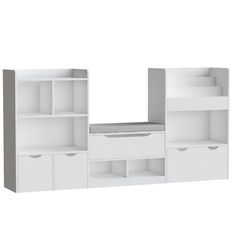 a white bookcase with drawers and shelves