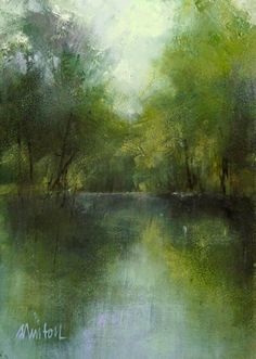 an oil painting of trees and water