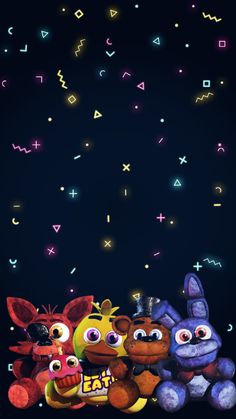 three stuffed animals sitting next to each other in front of a night sky with stars