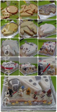 a collage of photos showing different types of cakes and pastries in various stages of creation