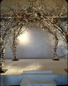 an arch made out of branches with lights on it and white cloth draped over the table