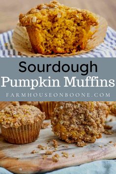 pumpkin muffins on a cutting board with the words sourdough pumpkin muffins