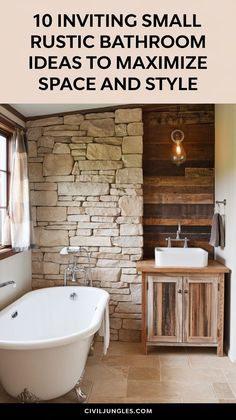 a bathroom with stone walls and white bathtub next to a wooden sink counter top