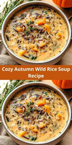 two bowls filled with creamy autumn wild rice soup