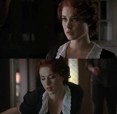 two pictures of the same woman with red hair, one in black and one in white