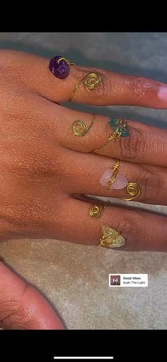 Includes Amethyst, Citrine, Rose Quartz and  Aquamarine Crystal Rings If you want a crystal that isn't listed, message me and I will customize the set for you. Aquamarine Crystal, Crystal Ring, Quartz Rose, Multi Stone Ring, Multi Stone, Crystal Rings, Stone Rings, Ring Set, Aquamarine