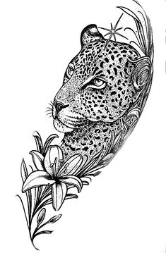 a black and white drawing of a leopard with flowers on it's head,