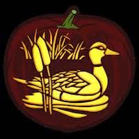 a carved pumpkin with a duck and reeds in the center on a black background