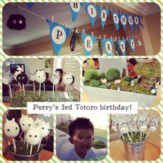 a collage of photos showing various items for a birthday party, including cake pops and marshmallows