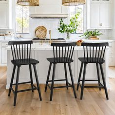 This counter height chairs is sleek, simple, and suitable for any kitchen setting. Based on traditional Americana decor, this wood barstools boasts a curved back for comfortable support. In addition, the sturdy foot rest allows you to relax and easily prop up your feet. Tall enough for any breakfast bar, this wooden barstools is utilized for whatever suits your needs. In Addition, this bar height barstools are comfortably scaled, with slatted backs to relax against. Color: Black. Black Bar Stools Kitchen, Wooden Barstools, Space Island, Wood Barstools, Bar Stools Kitchen Island, Vintage Bar Stools, Wood Counter Stools, Stools For Kitchen Island, Wooden Bar Stools