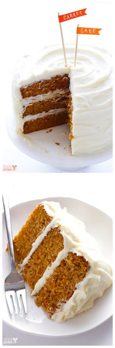 carrot cake with white frosting on a plate